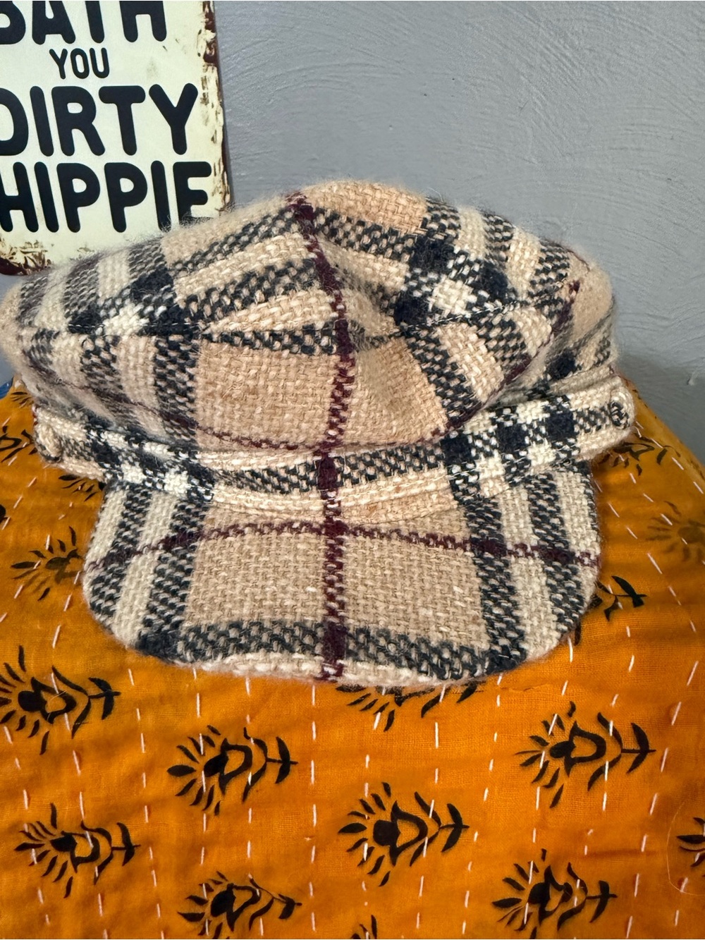 Burberry Beige and Black Plaid Baker Boy Hat